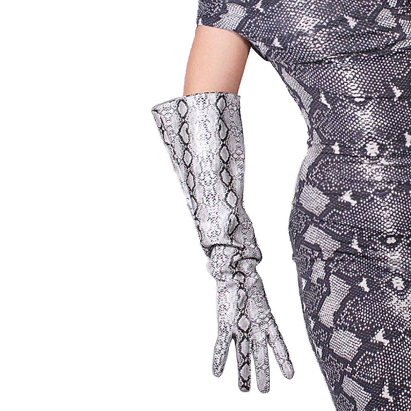[Australia] - DooWay 20-inch Faux Leather Mittens Gloves Wide Sleeves Cosplay Dress Finger Elbow Long Gloves Opera Club Party Gloves Sliver Snakeskin 