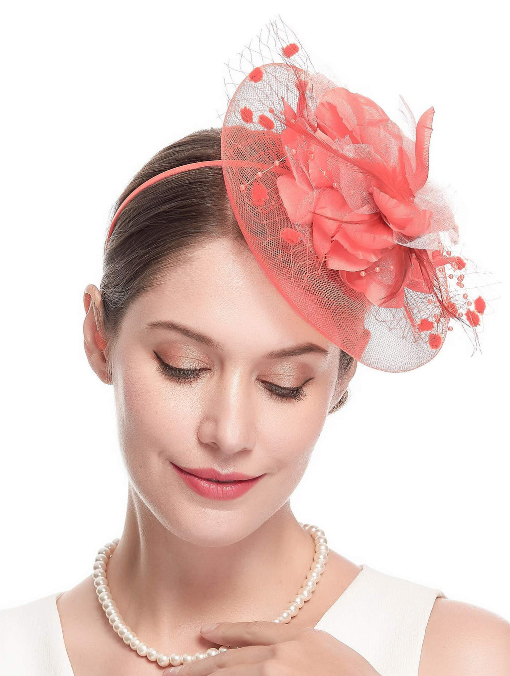 [Australia] - Fascinators Hats for Womens 50s Headwear with Veil Flower Cocktail Wedding Tea Party Church Derby Hat 1-4-coral 