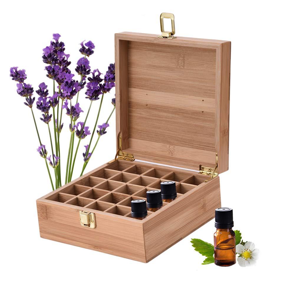 [Australia] - PhantomSky 25 Slots Wooden Aromatherapy Essential Oil Carrying Case, Natural Bamboo Essential Oil Organizer Storage Box Case Display Holder for Travel and Presentations Gift Box #1 