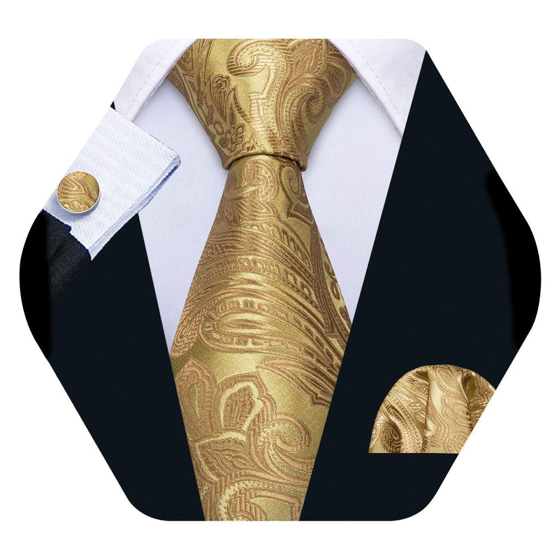 [Australia] - Barry.Wang Silk Tie and Pocket Square Set for Men Paisley Necktie Cufflinks Set A-a Gold Set 