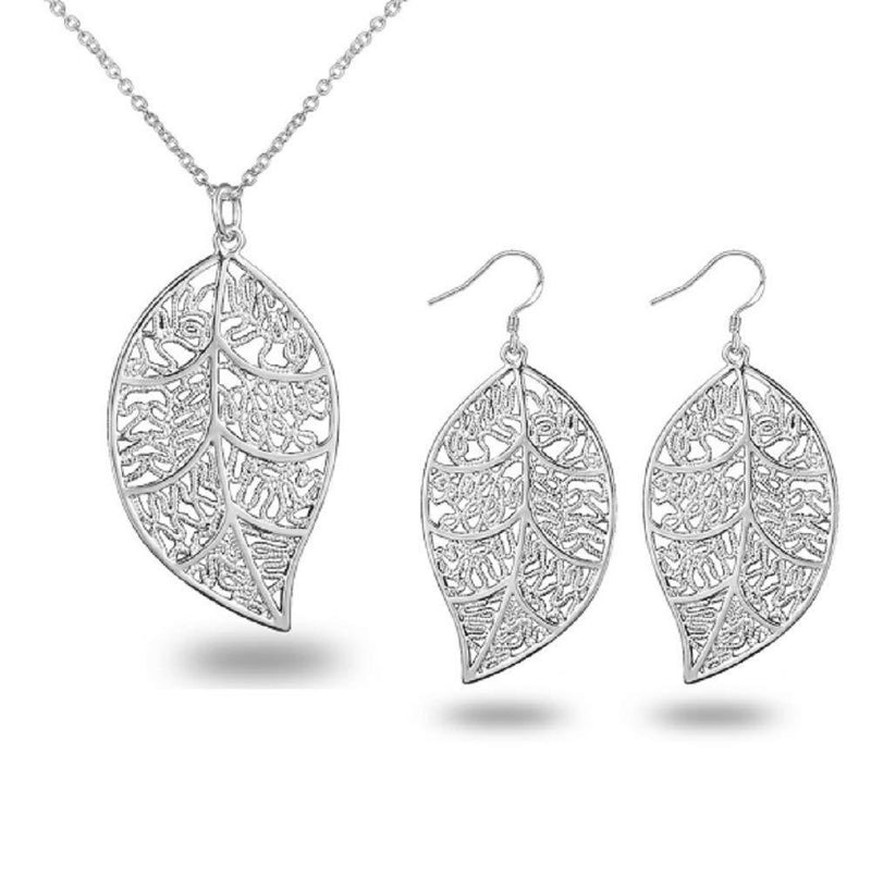 [Australia] - Wenbin Fashion Ladies 925 Sterling Silver Cute Natural Leaves Pendant Necklace Earrings Jewelry Set Autumn Boho Handmade Jewelry Set 