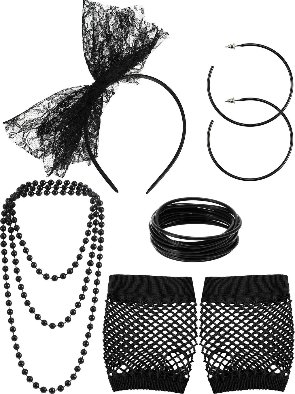 [Australia] - 80s Fancy Dress Costume Accessories Lace Headband Earrings Fishnet Gloves Necklace Bracelet for 80s Retro Party (Black) Black 