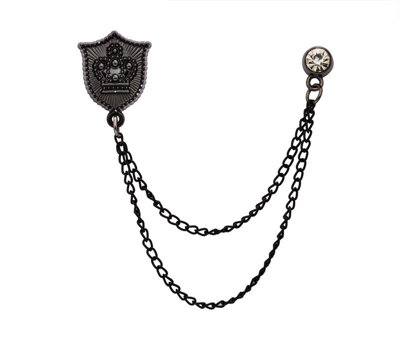 [Australia] - Knighthood Black Shield With Crown Engraving and Black Hanging Crystal Chain Men's Lapel Pin Brooch 