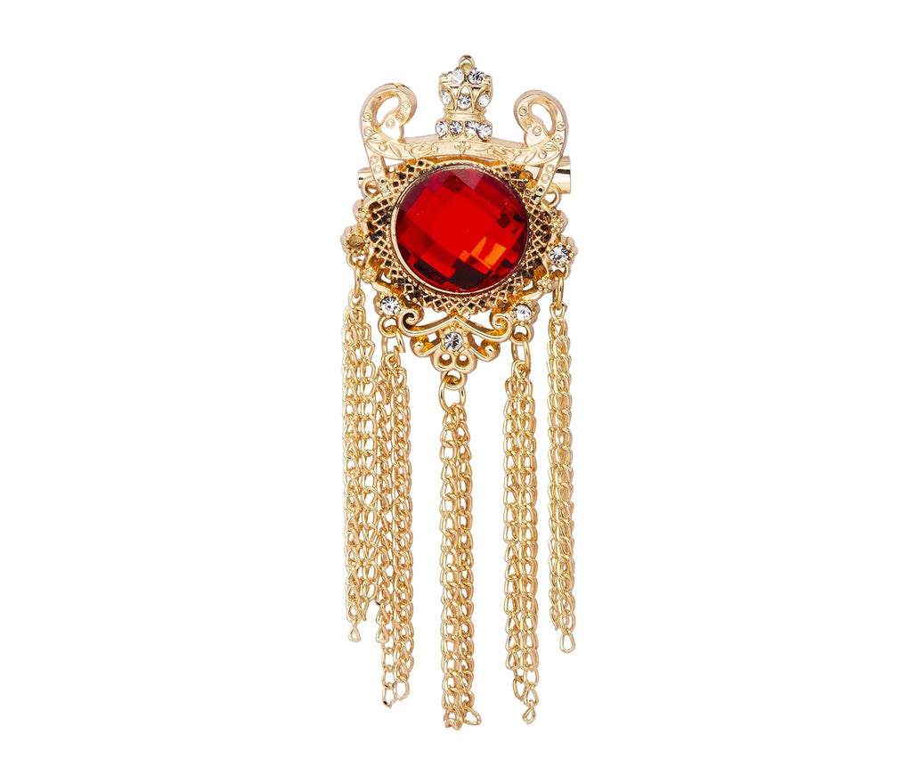 [Australia] - Knighthood Crowned Red Semi Precious Stone With Crystal and Chain Detailing Metal Lapel Pin Brooch for Men 