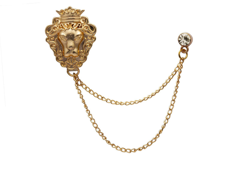 [Australia] - Knighthood Golden Brass Lion Design With Chain Lapel Pin Brooch for Men 