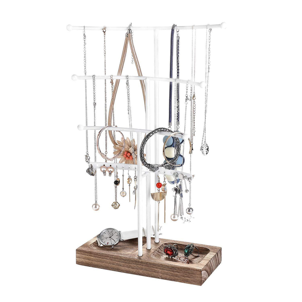 [Australia] - Urban Deco Arc Jewelry Holder— 4 Tier Jewelry Organizer Stand With White Coated Wood and Brown Tray For Girls And Women To Organize Necklace, Earrings, Bracelet, Ring, Watch And Hair Tie. 