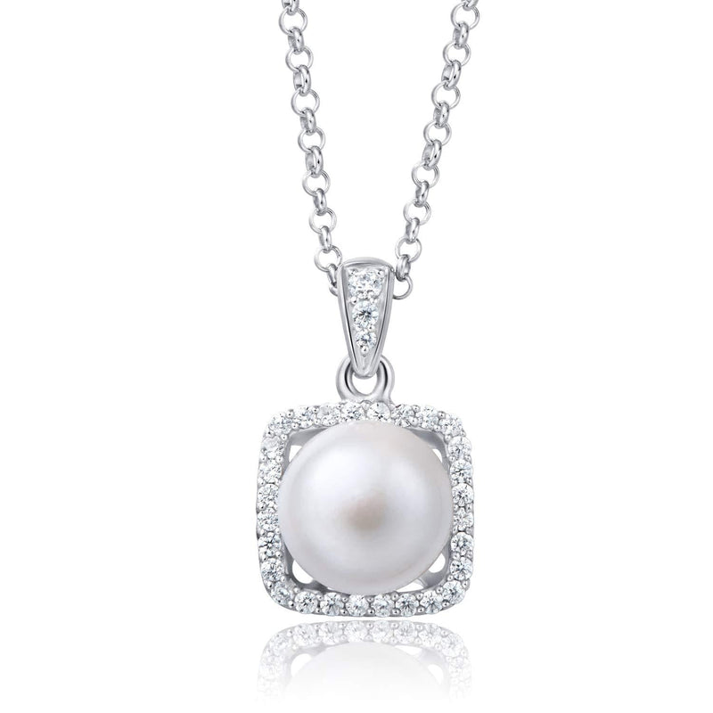 [Australia] - MOLAH 925 Silver 8-8.5mm Cultured Freshwater Pearl and Simulated Diamond CZ Square Geometric Pendant Necklace Rhodium Plated 
