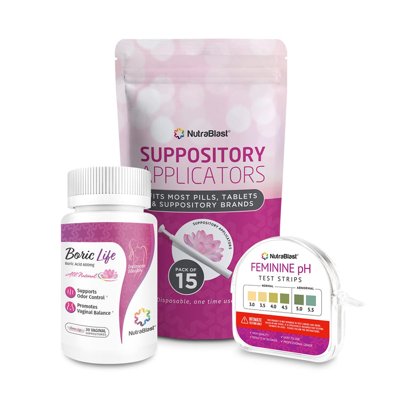 [Australia] - NutraBlast Boric Acid Vaginal Suppositories 600mg (30 Count) w/NutraBlast Disposable Vaginal Suppository Applicators (15-Pack) and Feminine pH Test Strips 3.0-5.5 (100 Tests Roll) 