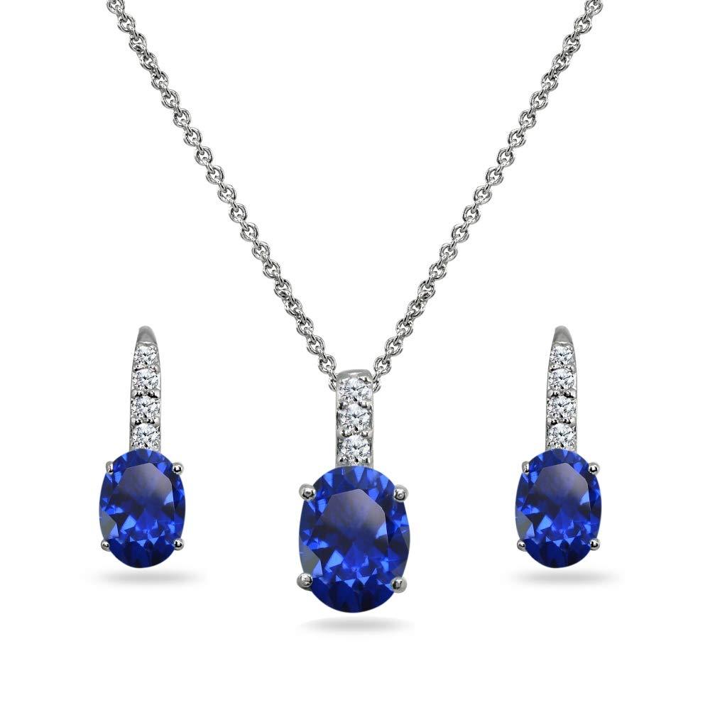 [Australia] - Sterling Silver Genuine or Synthetic Gemstone Oval-Cut Pendant Necklace & Leverback Huggie Earrings Set with CZ Accents Created Blue Sapphire - September 