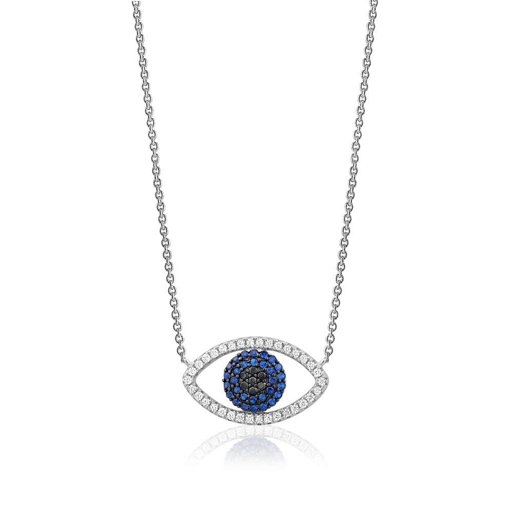 [Australia] - Sterling Silver Necklace Pendant for Girls Evil Eye Symbolic Protective Charm with Simulated Diamonds and Blue Sapphire 17.5" 