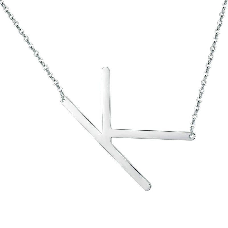 [Australia] - IEFWELL Large Sideways Initial Necklace for Women - Silver Gold Plated Stainless Steel Large Big Sideways Initial Letter Necklace Crooked Oversized Initial Necklace for Women Girls K-Silver 