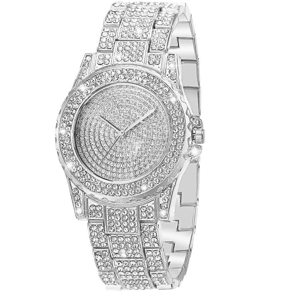 [Australia] - ManChDa Luxury Ladies Watch Iced Out Watch with Quartz Movement Crystal Rhinestone Diamond Watches for Women Stainless Steel Wristwatch Full Diamonds 1.SILVER 