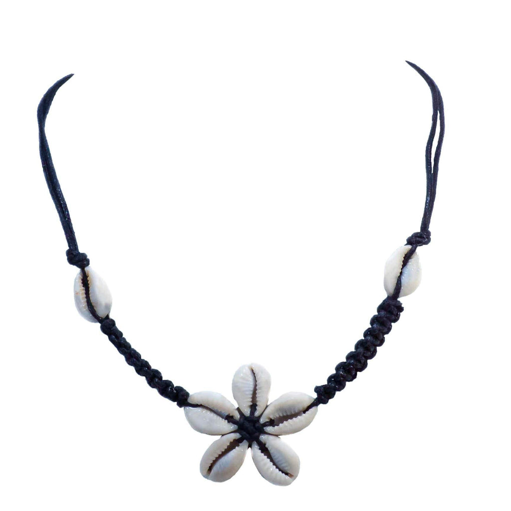 [Australia] - BlueRica Braided Black Cord Choker Necklace with Cowrie Shell Flower Pendant 