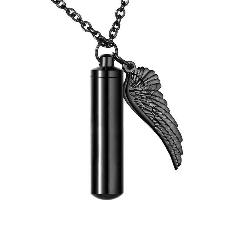 [Australia] - Cylinder Cremation Urn Necklace for Ashes Memorial Keepsake Pendant with Angel Wing Stainless Steel Remembrance Jewelry Black L non-engraving 