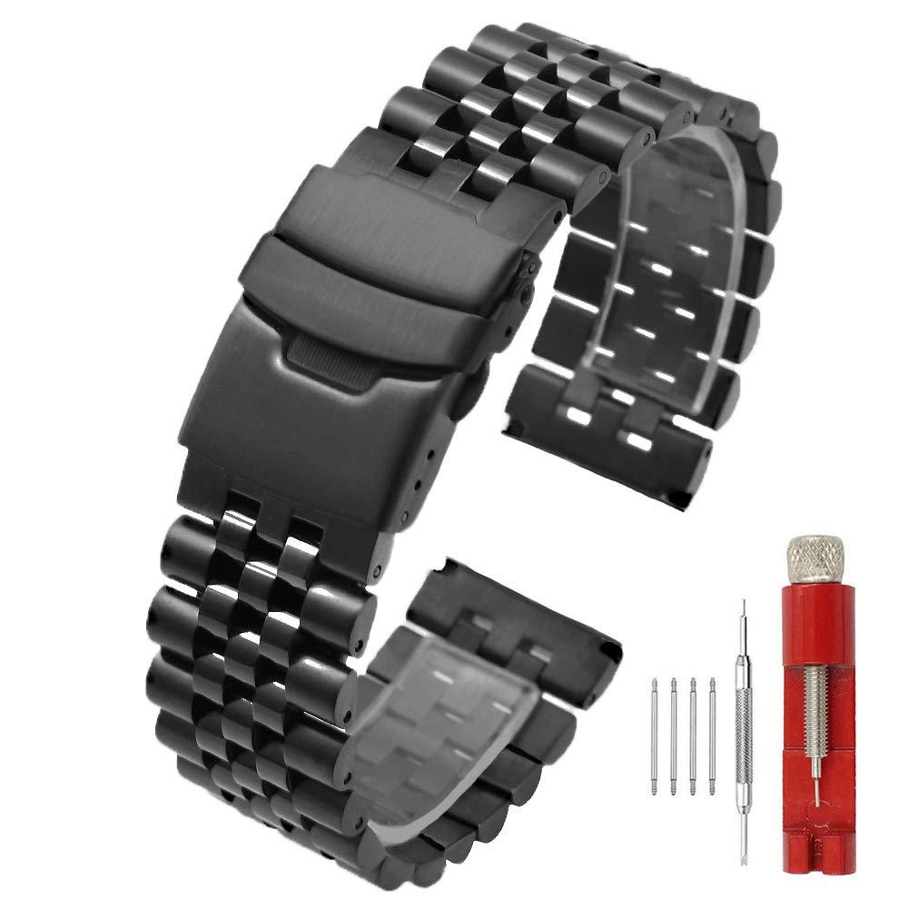 [Australia] - Super Brushed & Polished 3D Solid Stainless Steel Watch Bracelet Band 20mm 22mm Security Double Deployment Buckle Black 