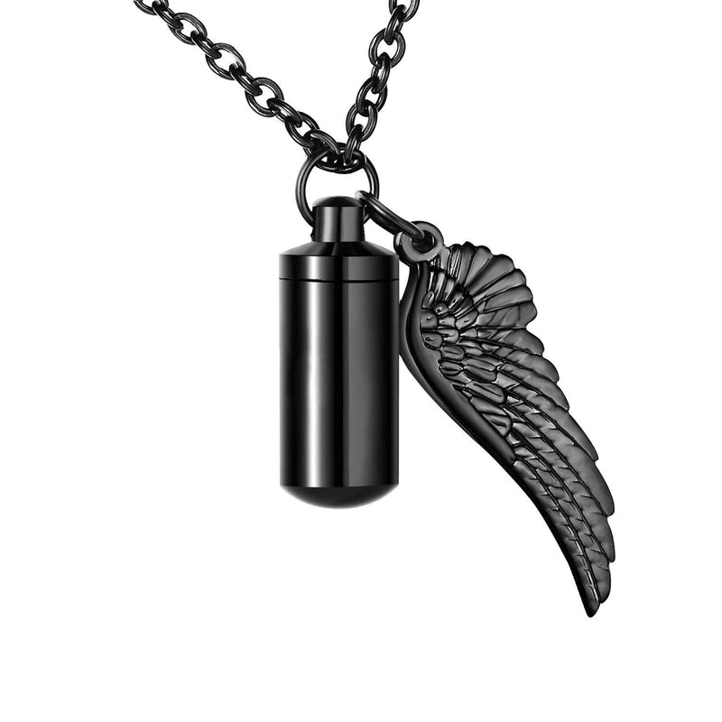 [Australia] - Dletay Cylinder Cremation Urn Necklace for Ashes Memorial Keepsake Pendant with Angel Wing Stainless Steel Remembrance Jewelry Black S non-engraving 