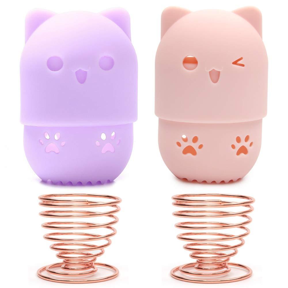 [Australia] - Ozazuco Beauty Sponge Blender Container/2 Beauty Sponge Travel Case and 2 Makeup Sponge Drying Holder/Cute Cat Silicone Makeup Sponge Travel Carrying Case/Beauty Sponge Holder Dry Rack Easy To Carry pink+purple 