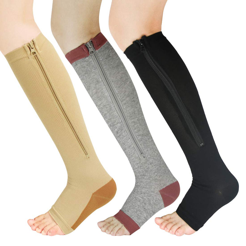 [Australia] - 3 Pairs Zipper Compression Socks Women with Open Toe Toeless Support Stockings Easy on Knee High Socks Large-X-Large Black&brown Skin&grey 