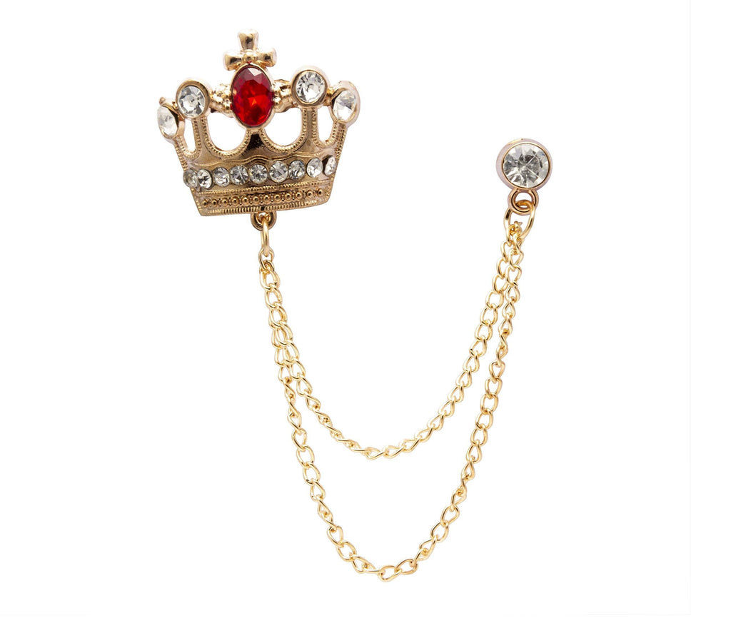 [Australia] - A N KINGPiiN Lapel Pin for Men Vintage British Red Crystal Crown with Tassel Hanging Chain Brooch Suit Stud, Shirt Studs Men's Accessories 