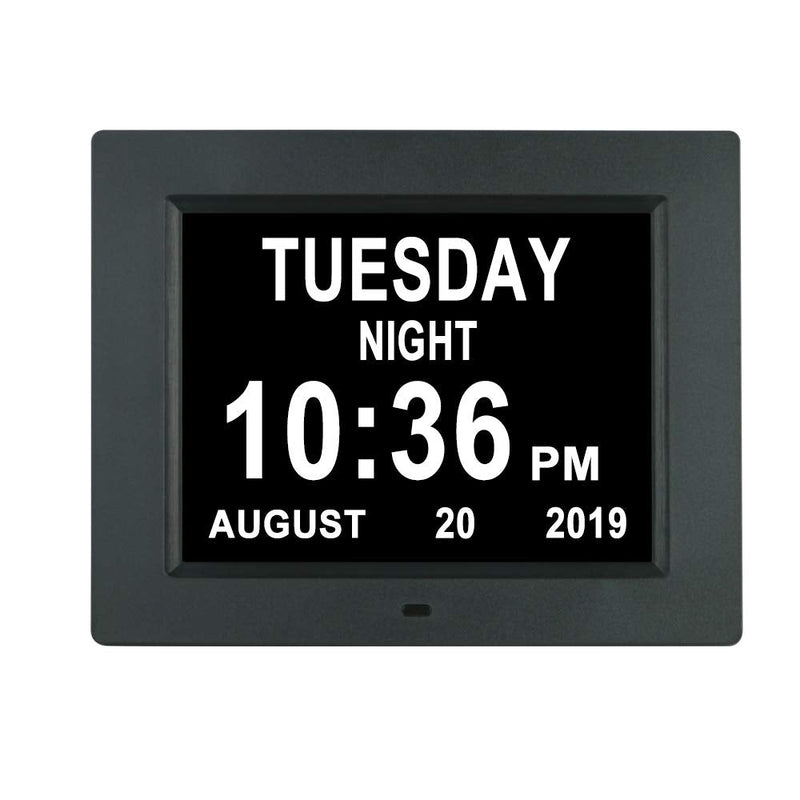 [Australia] - Digital Day Calendar Clock Non-Abbreviations Day Date Time 8 Alarm Options Dementia Alzheimer Impaired Vision Memory Loss Clocks for Senior Elderly 8 Inch Black 
