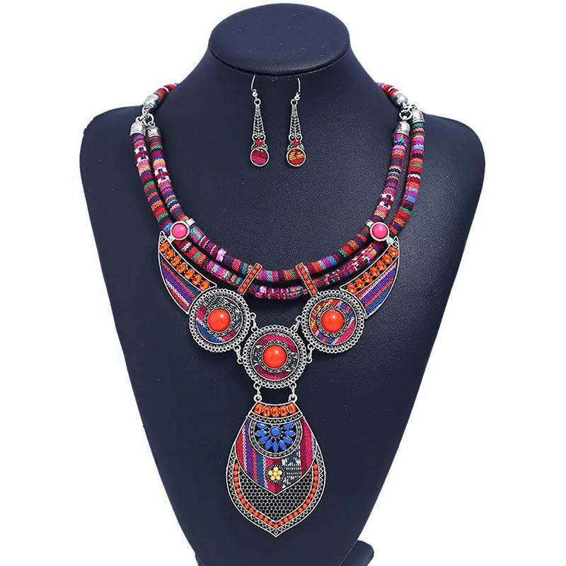 [Australia] - HENGYID Bohemian Necklace Earring Sets for Women – Chunky Enamel Multicolor Round Pendants Vintage Rhinestone Ethnic Necklace Color F 