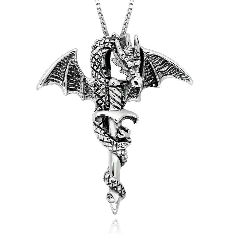 [Australia] - 925 Sterling Silver Sword Dragon Pendant Necklace, 18" 