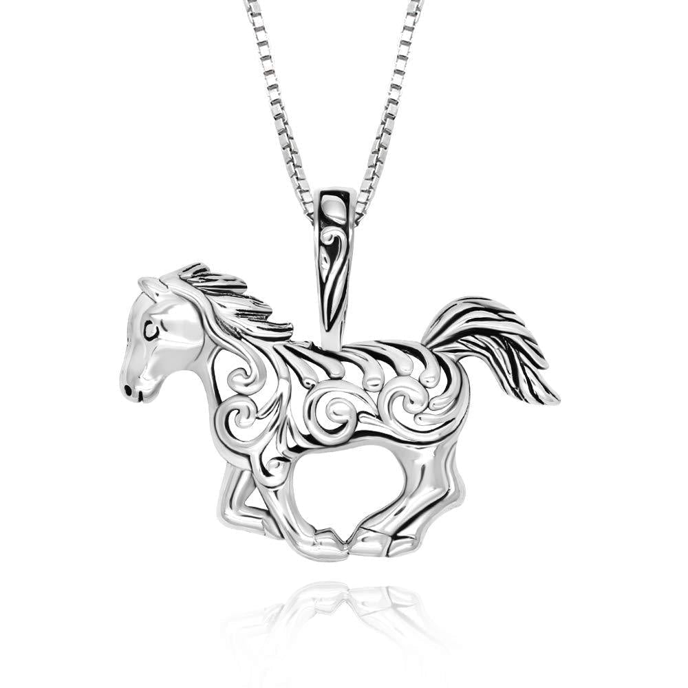 [Australia] - 925 Sterling Silver Filigree Horse Pendant Necklace, 18" 
