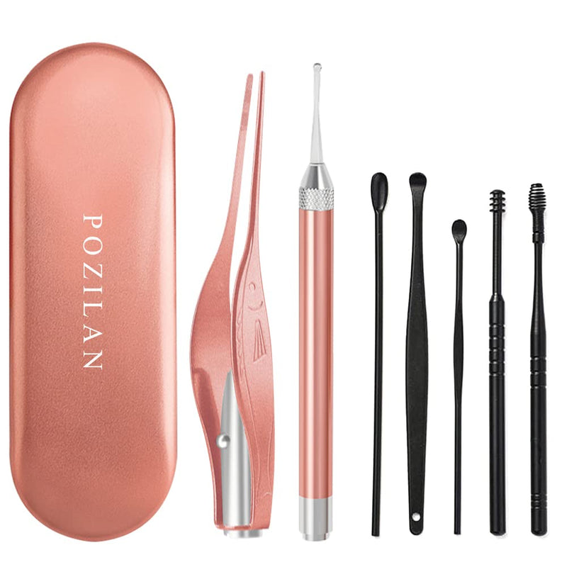 [Australia] - POZILAN 2 Pack Ear Wax Removal Tool with Light - Ear Pick Cleaner Kit for Kids and Adults, Earwax Spoon Digger & Tweezers for Ear Health Care Gift Set with Case (Rose Gold) Rose Gold 