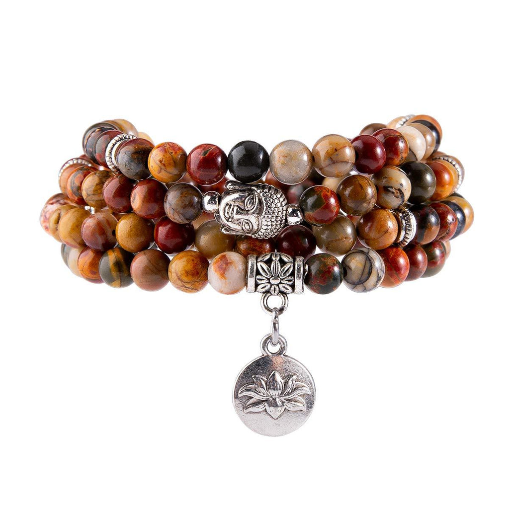 [Australia] - Bivei 108 Mala Beads Bracelet - Genuine Gemstone Mala Prayer Beads Lotus Charm Meditation Necklace Multi-Color Picasso Jasper 