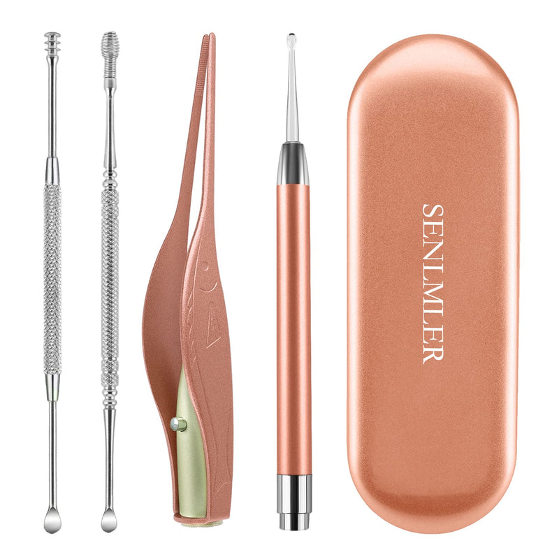 [Australia] - 4 Pack Ear Pick with Light, Ear Cleaner Ear Wax Removal Tool Kit for Kids and Adults, Ear Picks Digger & Tweezers & Spiral Spring Ear Spoon Set with Storage Box (Rose Gold) Style 1 