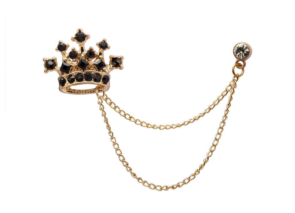 [Australia] - AN KINGPiiN Lapel Pin for Men Stone Detailing Crown with Hanging Chain Collar Pin Brooch Suit Stud, Shirt Studs Men's Accessories (Black) 