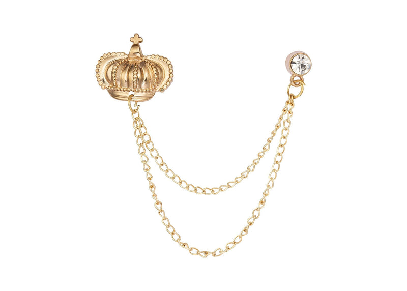 [Australia] - AN KINGPiiN Lapel Pin for Men Golden Crown with Stone Detailing Hanging Chain Brooch Suit Stud, Shirt Studs Men's Accessories 