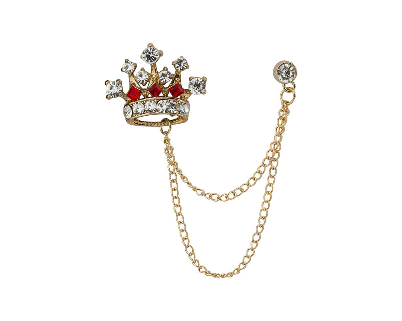 [Australia] - an KINGPiiN Lapel Pin for Men Stone Detailing Crown with Hanging Chain Collar Pin Brooch Suit Stud, Shirt Studs Men's Accessories (Red) 