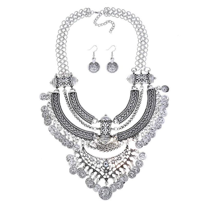 [Australia] - LZHLQ Fashion Bib Necklace for girl Bohemian Coin Statement Necklace and earrings Punk Ethnic Style Jewelry Set for Women Silver 