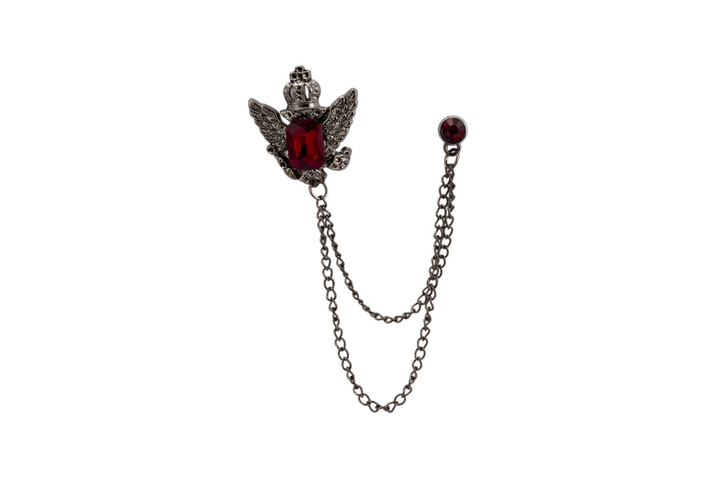 [Australia] - AN KINGPiiN Lapel Pin for Men Crowned Stone with Hanging Chain Tassel Brooch Costume Pin Shirt Studs Men's Accessories (Gun Metal-Red) 