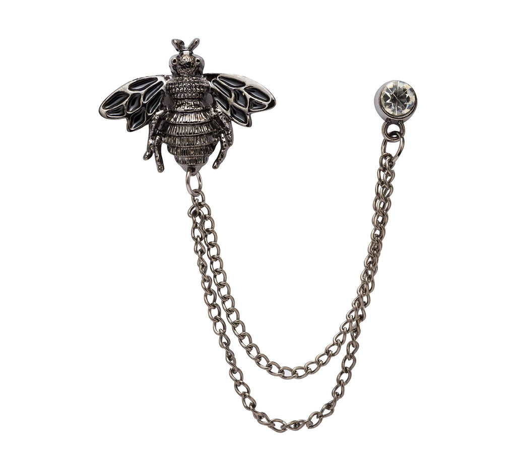 [Australia] - A N KINGPiiN Lapel Pin for Men Bee with Hanging Chain Brooch Suit Stud, Shirt Studs Men's Accessories (Black) 