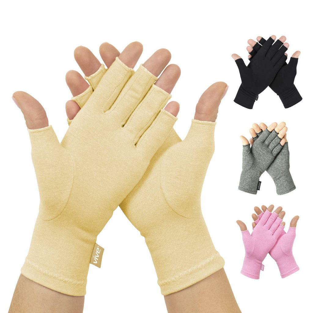 [Australia] - Vive Compression Arthritis Gloves - Comfortable Fit for Men and Women - Open Finger for Rheumatoid, Osteoarthritis Beige Medium 
