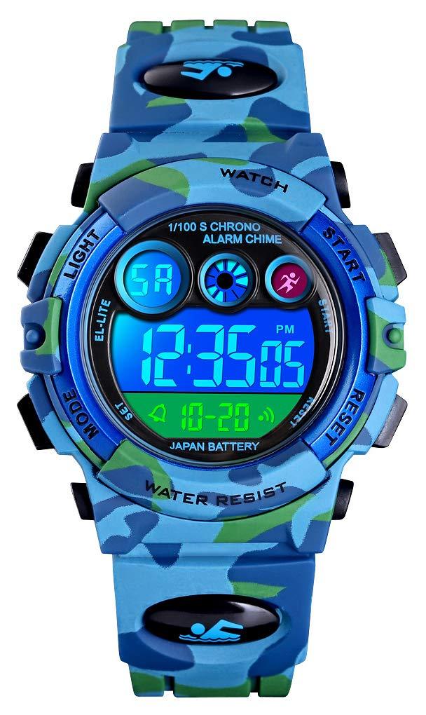 [Australia] - Tonnier Watch Kids Sports Watch Multi Function Digital Watches Colorful LED Display Waterproof Wristwatches for Children with PU Band Blue 