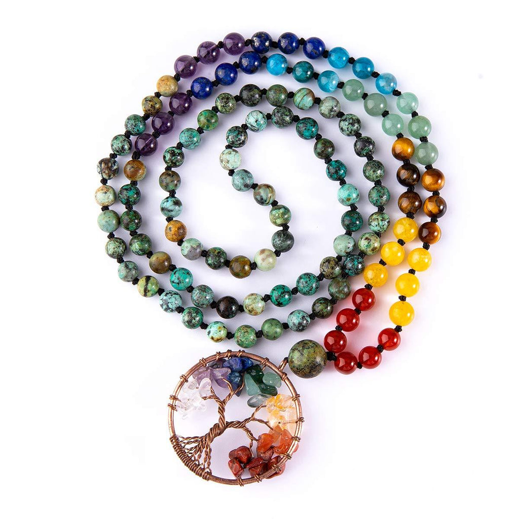 [Australia] - Bivei 108 Mala Beads Bracelet - 7 Chakra Tree of Life Real Healing Gemstone Yoga Meditation Hand Knotted Mala Prayer Bead Necklace African Turquoise 