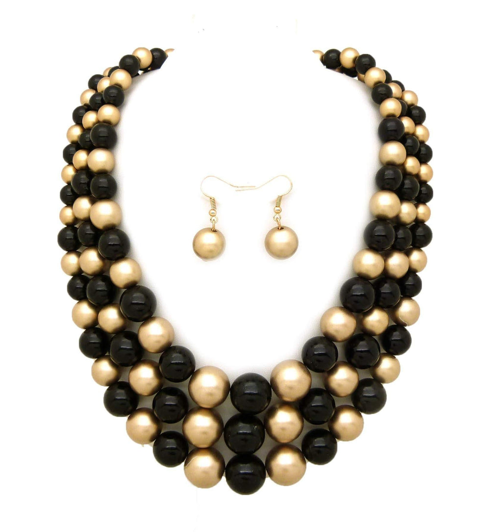 [Australia] - Women's Simulated Faux Three Multi-Strand Pearl Statement Necklace and Earrings Set Black + Gold 