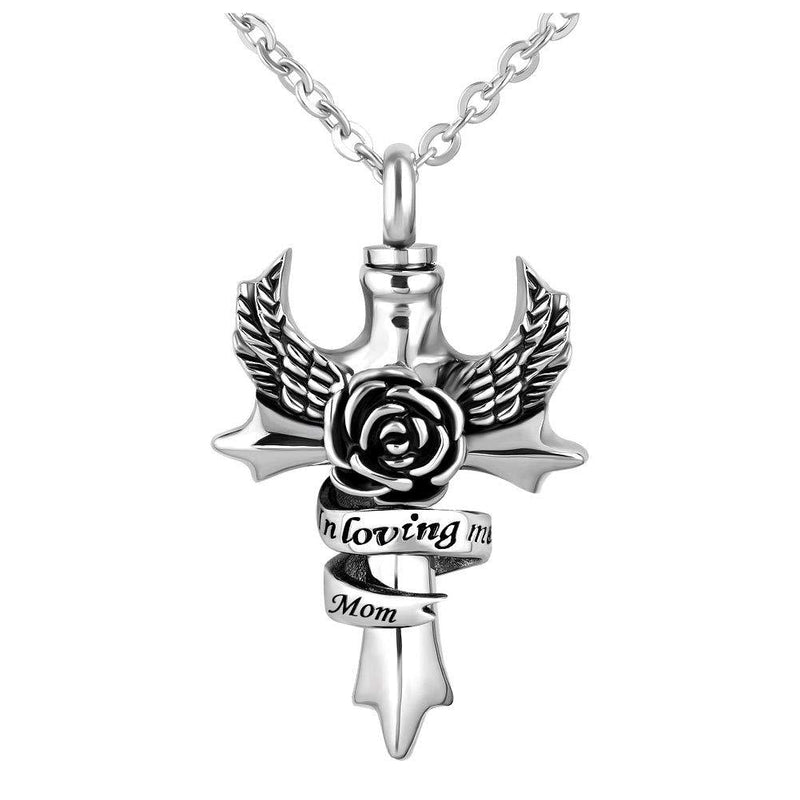 [Australia] - CoolJewelry Urn Necklace for Ashes Angel Wing Always in My Heart Cremation Memorial Pendant Flower Keepsake Stainless Steel Jewelry Cross Mom 