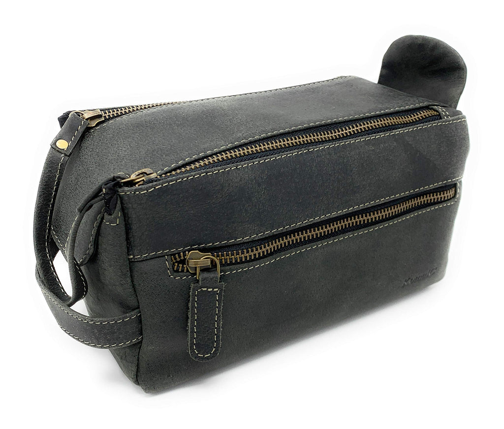 [Australia] - KOMALC Genuine Buffalo Leather Unisex Toiletry Bag Travel Dopp Kit (Charcoal Black) Charcoal Black 