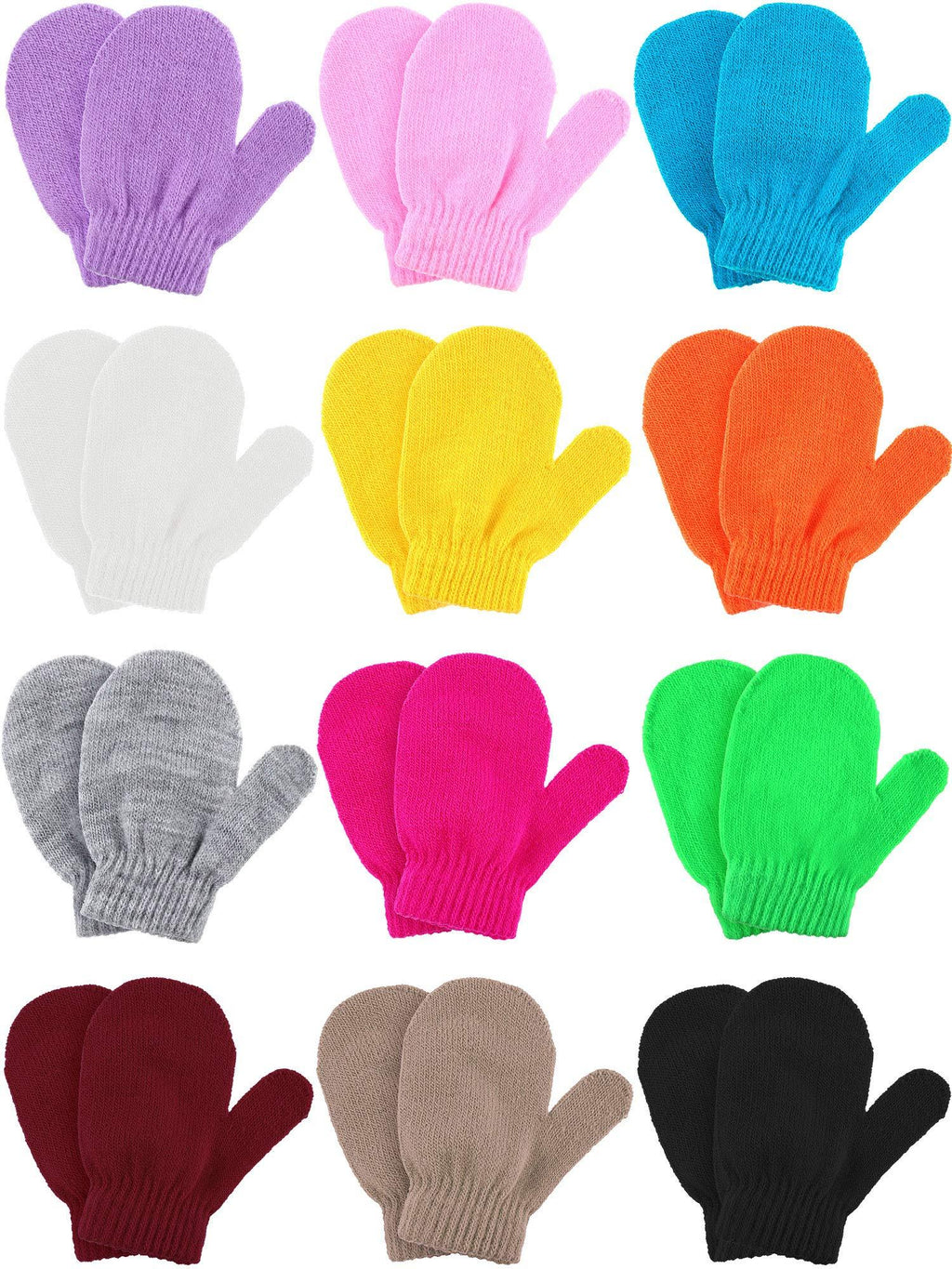 [Australia] - Boao 12 Pairs Stretch Full Finger Mittens Knitted Gloves Winter Warm Knitted Magic Mittens for Kids Supplies Black, Khaki, Camel and Mixed Candy Color 