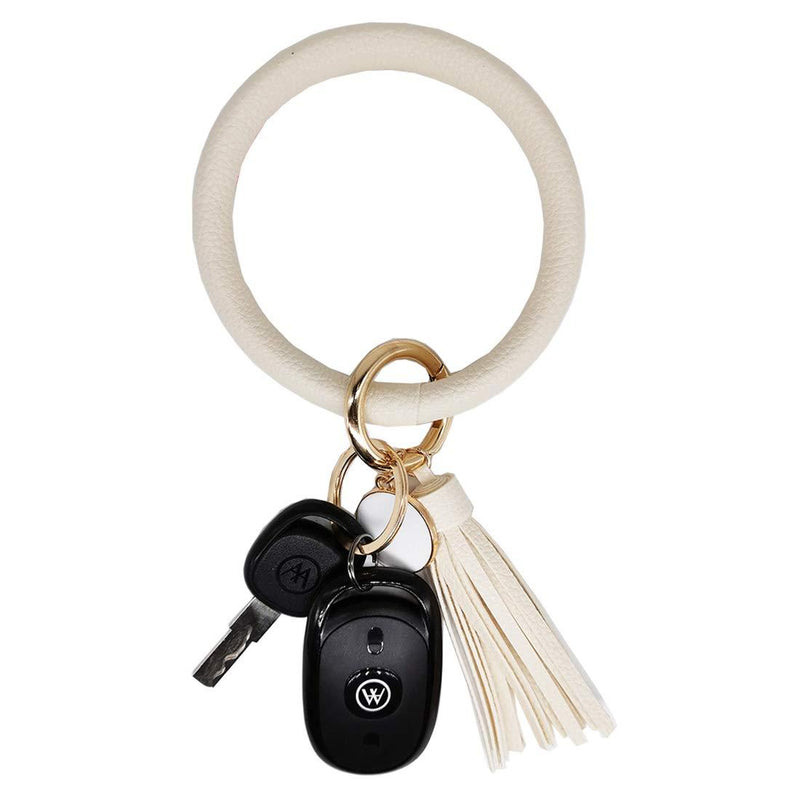 [Australia] - AnnabelZ Keychain Bracelet Wristlet Bangle Key Holder Round Keyring Leather Tassel Key Ring Chain for Women Girls Beige 