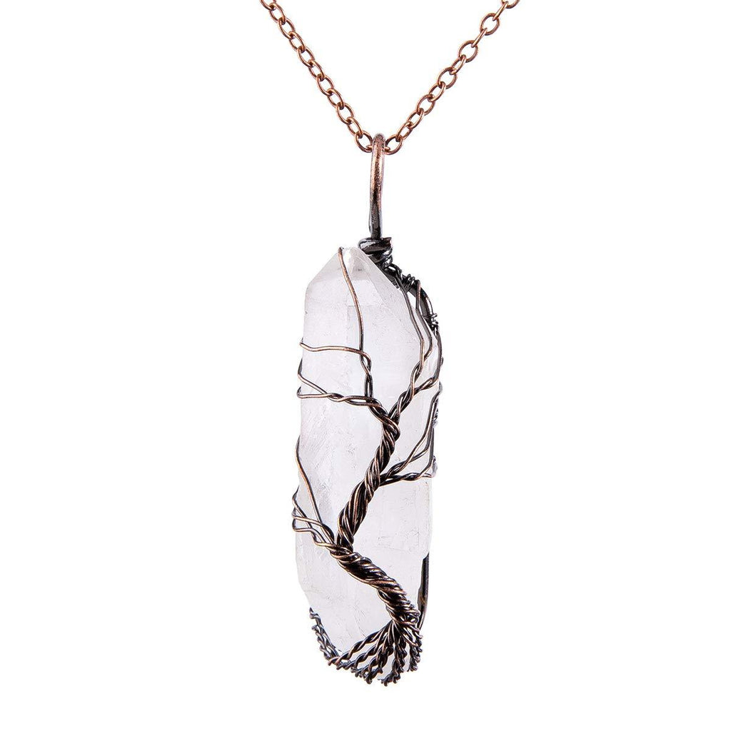 [Australia] - Bivei Tree of Life Copper Wire Wrapped Natural Quartz Necklace Reiki Healing Crystal Point Chakra Pendant Jewelry Gift for Women #4 Bronze Natural Clear 