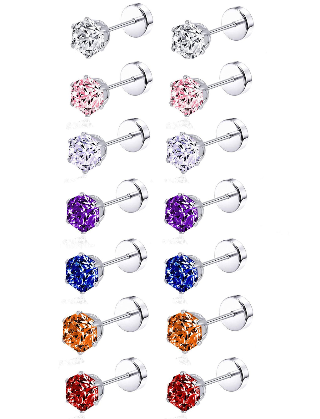 [Australia] - Tornito 7-14 Pairs Stainless Steel CZ Stud Earrings for Women Girls Multicolor Cubic Zirconia Cartilage Helix Earrings Set Screwback 4MM A:7 Pairs 
