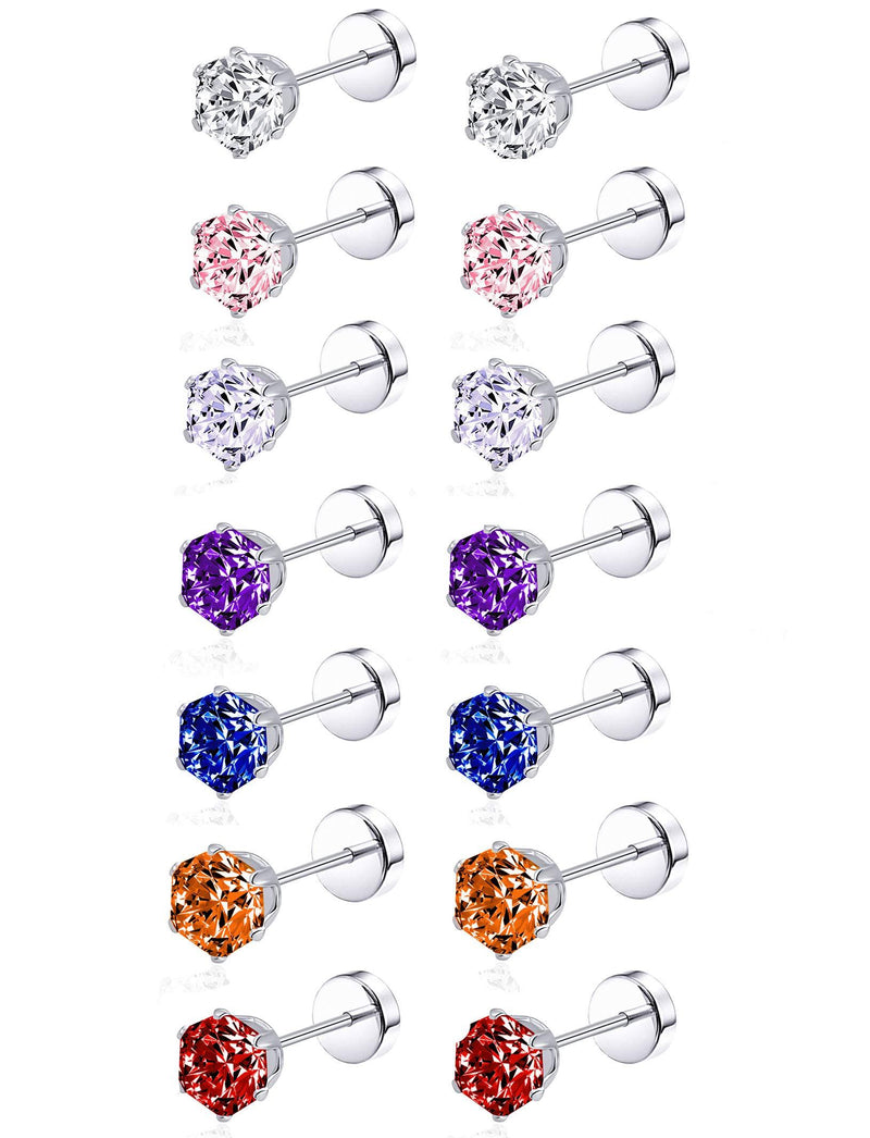 [Australia] - Tornito 7-14 Pairs Stainless Steel CZ Stud Earrings for Women Girls Multicolor Cubic Zirconia Cartilage Helix Earrings Set Screwback 4MM A:7 Pairs 