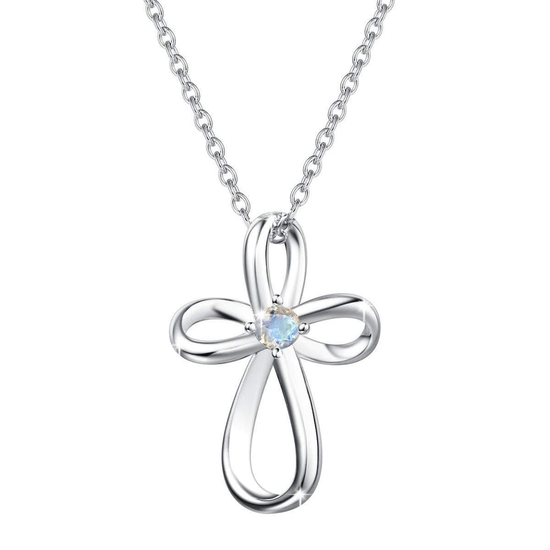 [Australia] - FANCIME White Gold Plated 925 Sterling Silver Birthstone Open Loop Celtic Cross Crucifix Infinity Pendant Necklace For Women Girls, 16" + 2" Extender Moonstone 