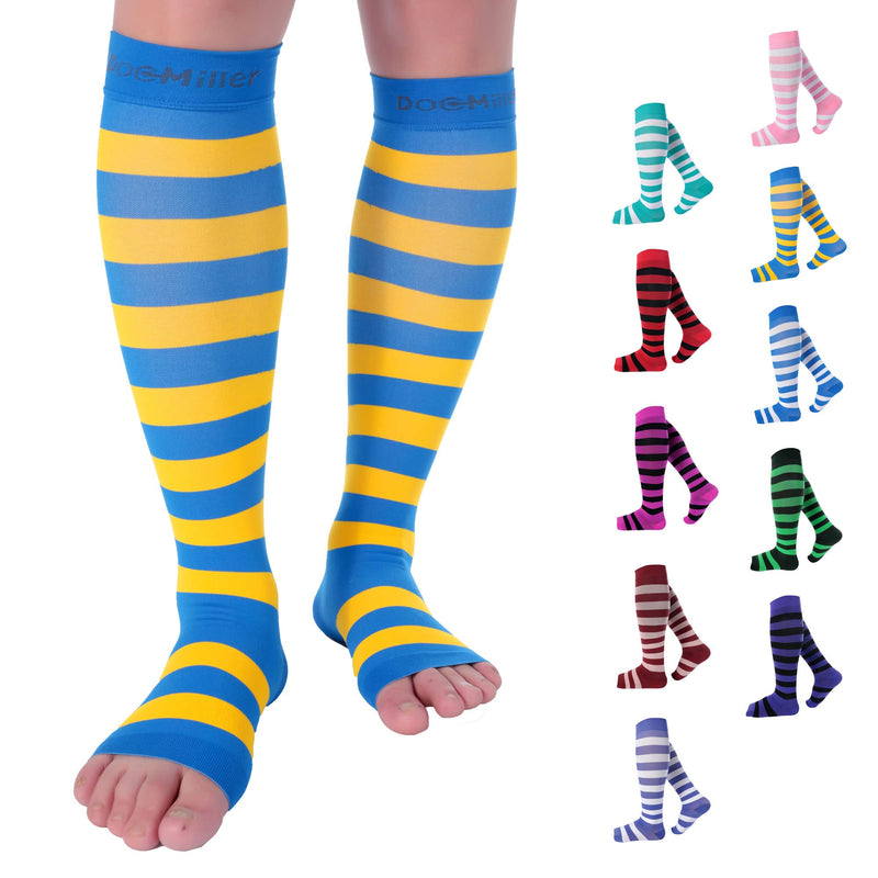 [Australia] - Doc Miller Open Toe Compression Socks for Women and Men 15-20mmHg, Shin Splints, Varicose Veins and Calf Injury Recovery Blue-yellow Small 