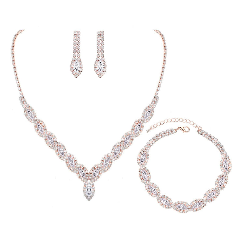 [Australia] - YSOUL CZ Rhinestone Necklace Earrings Jewelry Set for Bridal Bridesmaid Wedding Evening Party Prom 3 SET-Rose Gold 